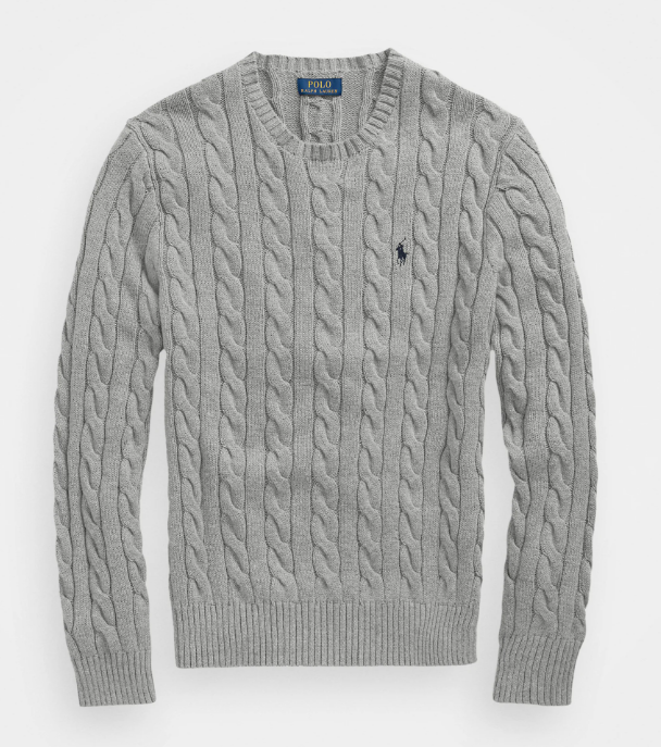 Ralph Lauren Cable-Knit Crewneck Sweater – Grey with Black Logo