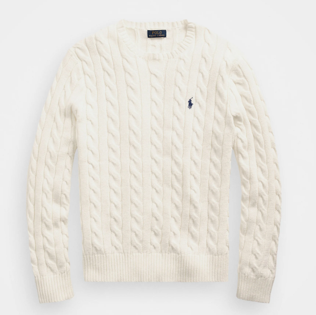 Ralph Lauren Cable-Knit Crewneck Sweater – Beige with Black Logo