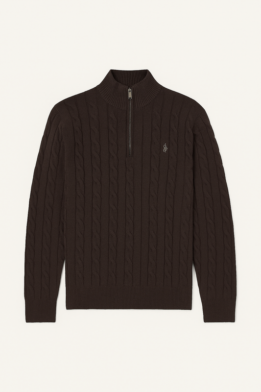 Ralph Lauren Cable-Knit Quarter Zip Sweater – Dark Brown