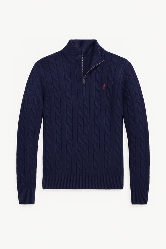 Ralph Lauren Cable-Knit Quarter Zip Sweater – Navy Blue