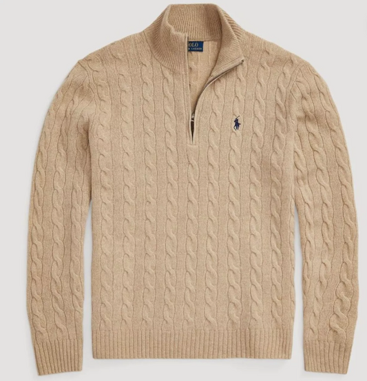 Ralph Lauren Cable-Knit Quarter Zip Sweater – Camel Beige