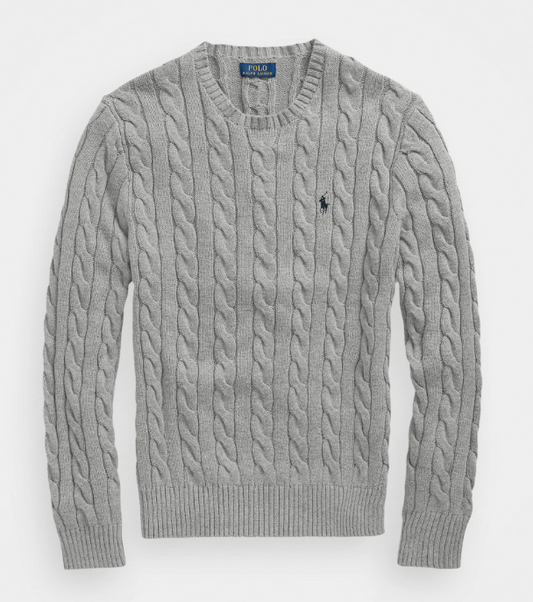 Ralph Lauren Cable-Knit Crewneck Sweater – Grey with Black Logo