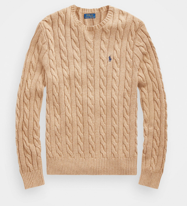 Ralph Lauren Cable-Knit Crewneck Sweater – Khaki with Black Logo