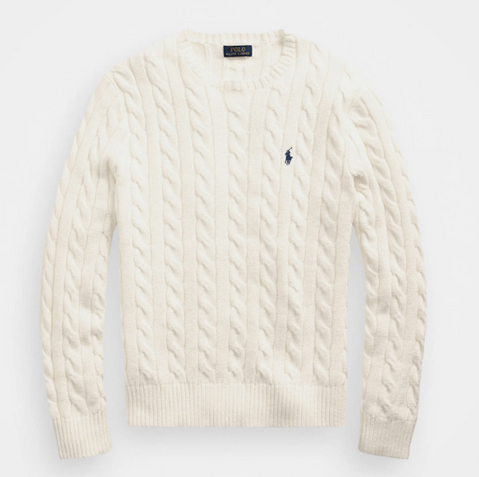 Ralph Lauren Cable-Knit Crewneck Sweater – Beige with Black Logo